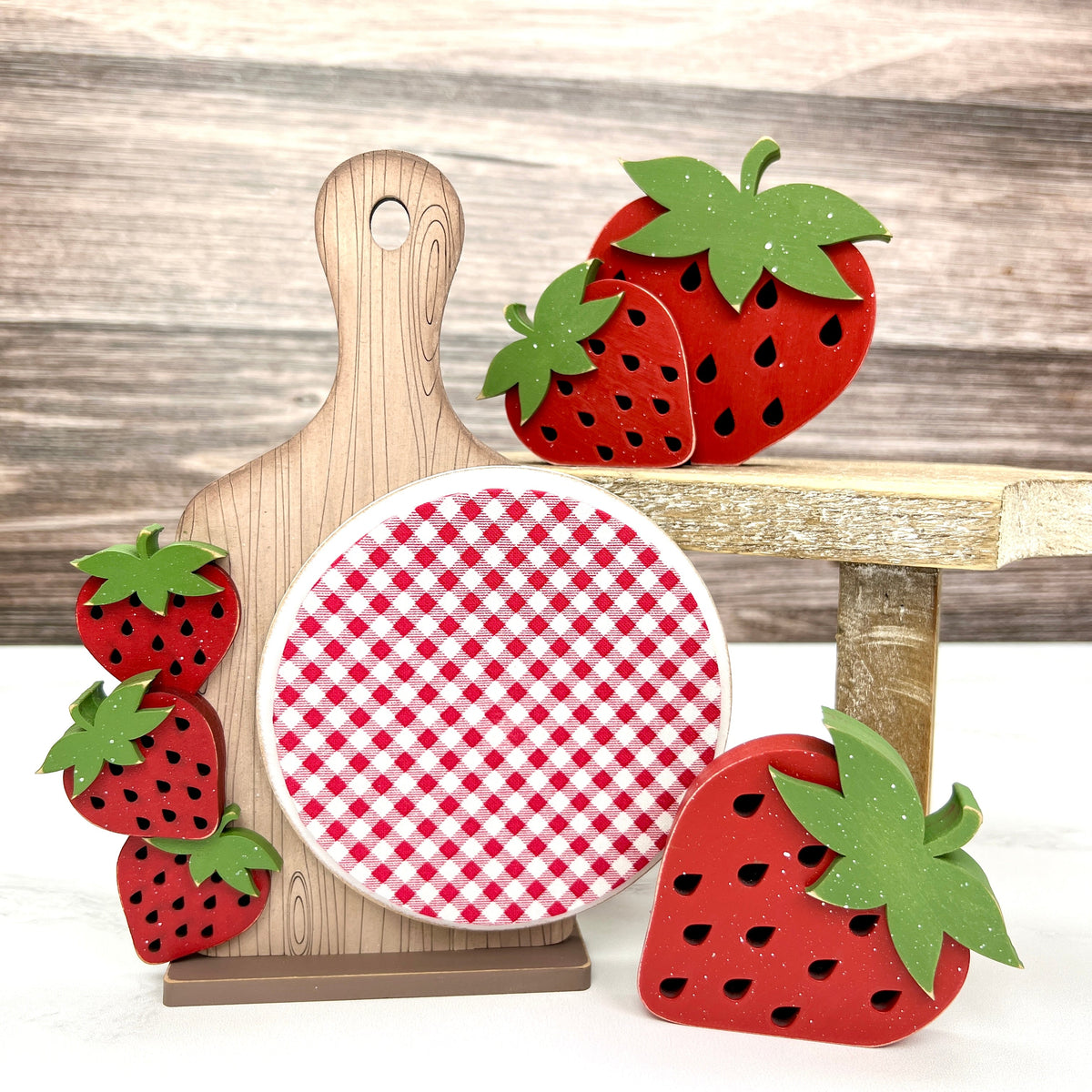 wood recipe board with strawberries for displaying finished cross stitch pieces