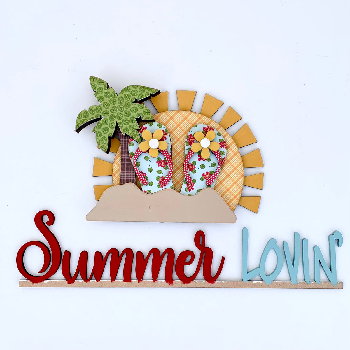 Wood pick up truck insert for summer. Summer Lovin phrase with a sun, palm tree, sand, and flip flops. Changing monthly or seasonally truck insert. 