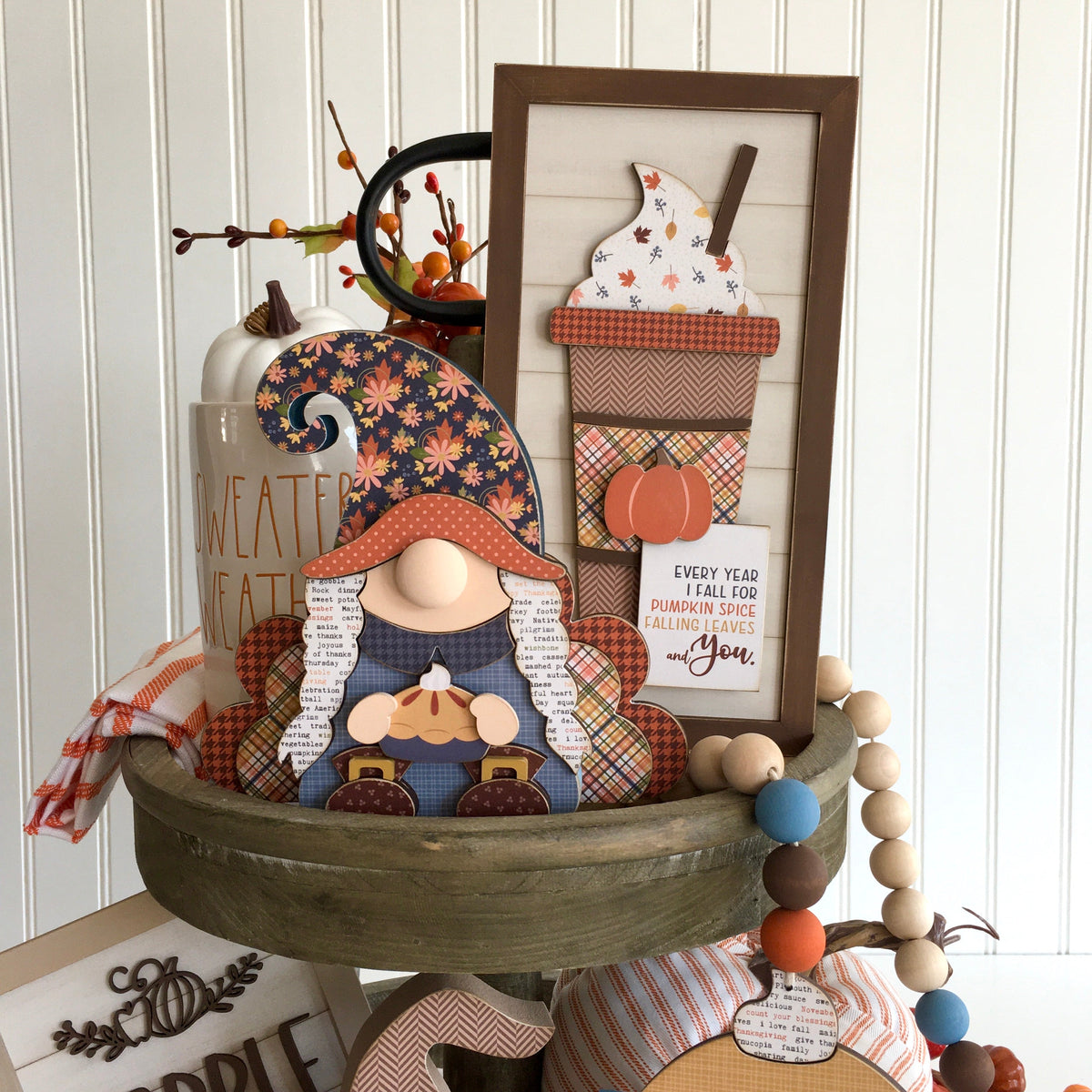 Wood shiplap sign with pumpkin and fall latte cup, wood sign for fall and thanksgiving tiered tray decor, fall and thanksgiving home decor.  DIY Wood crafts 