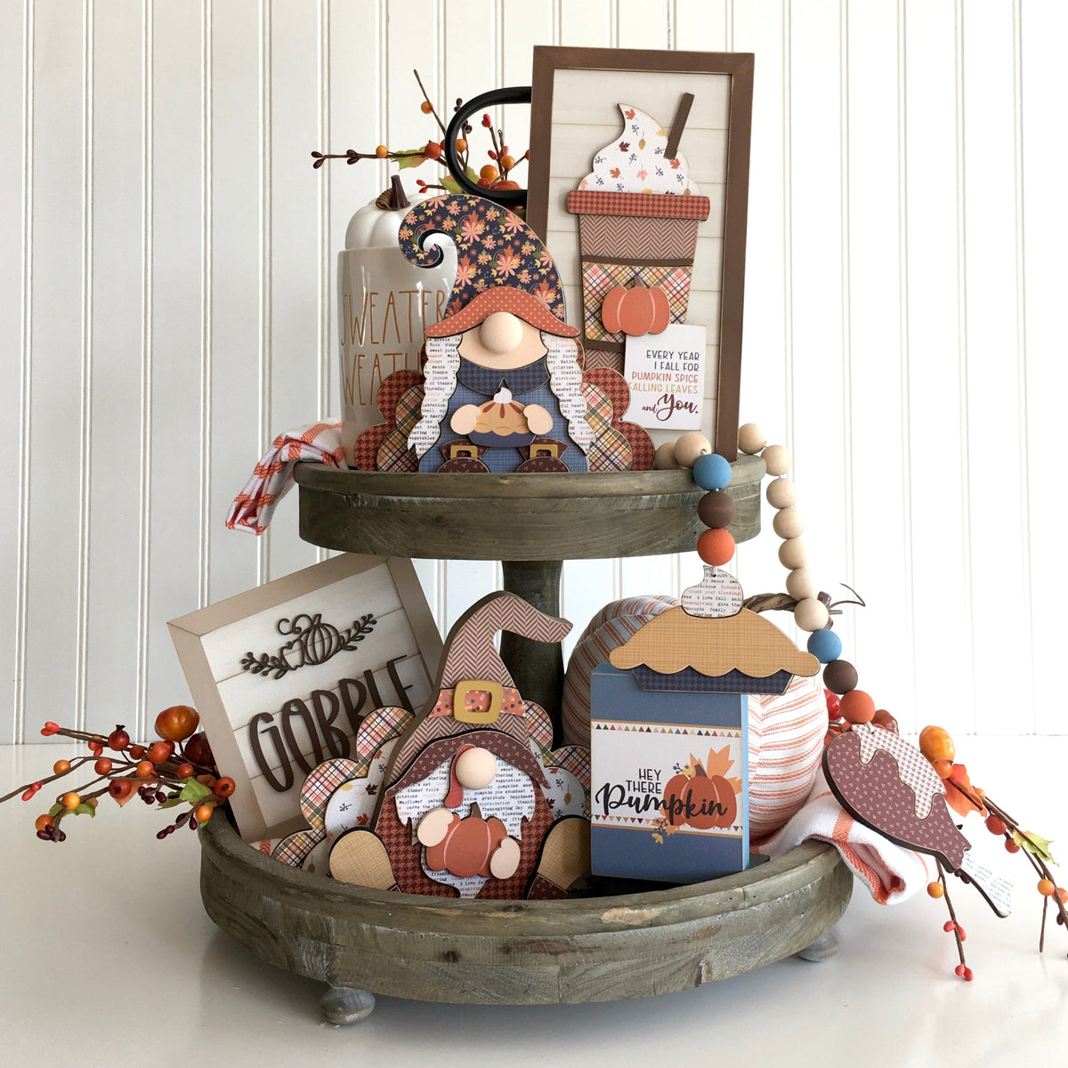 Wood shiplap sign with pumpkin and fall latte cup, wood sign for fall and thanksgiving tiered tray decor, fall and thanksgiving home decor.  DIY Wood crafts 