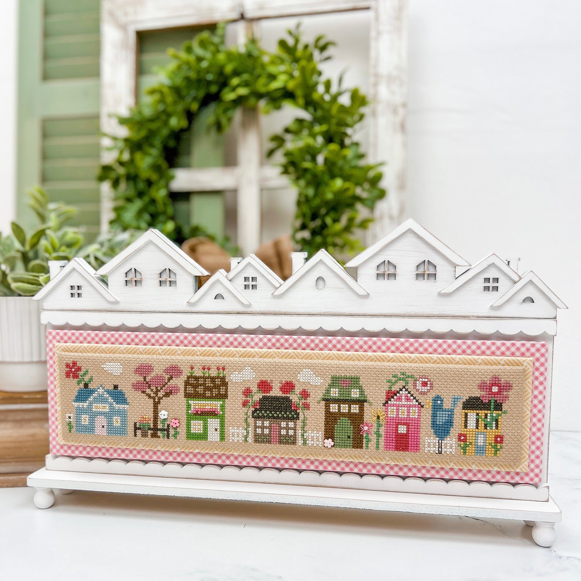 Tiny Town Rooftops Cross Stitch Display-Unfinished Wood