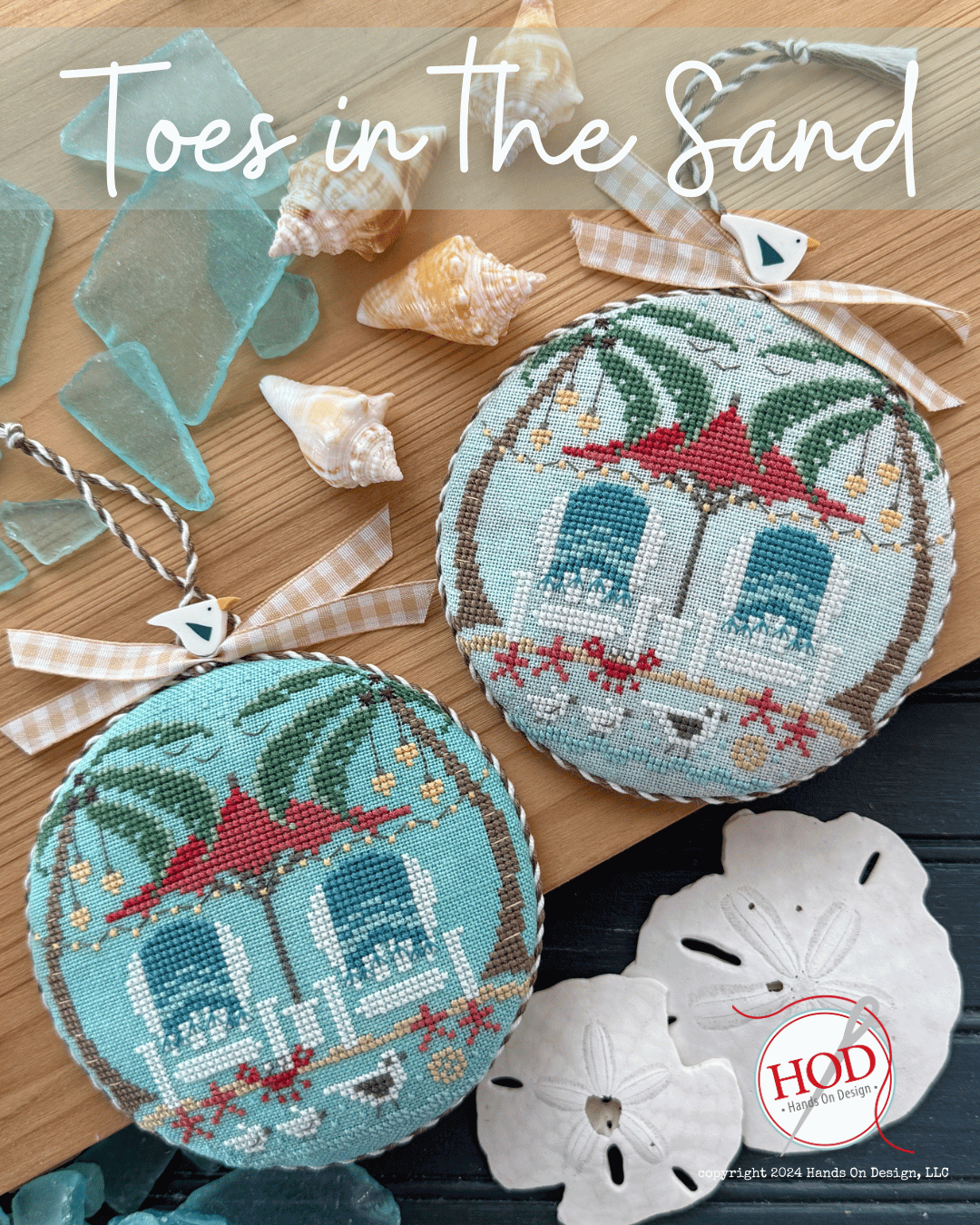 Cross Stitch beach theme featuring 2 adirondack chairs palm trees beach umbrella and dangling lights