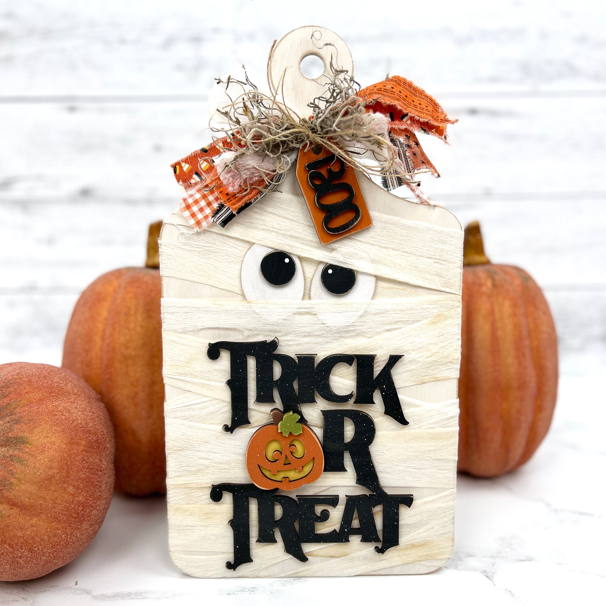 Halloween DIY mummy craft kit with a mummy wrapped in gauze with a trick or treat title and a boo tag.