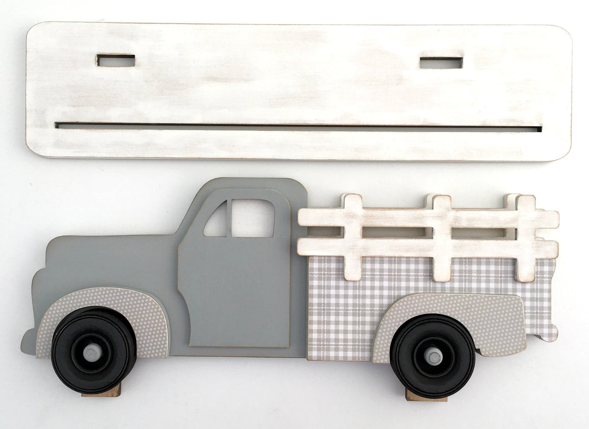 Wood vintage pick-up truck with interchangeable bed inserts. Farmhouse pick-up truck wood decor. 
