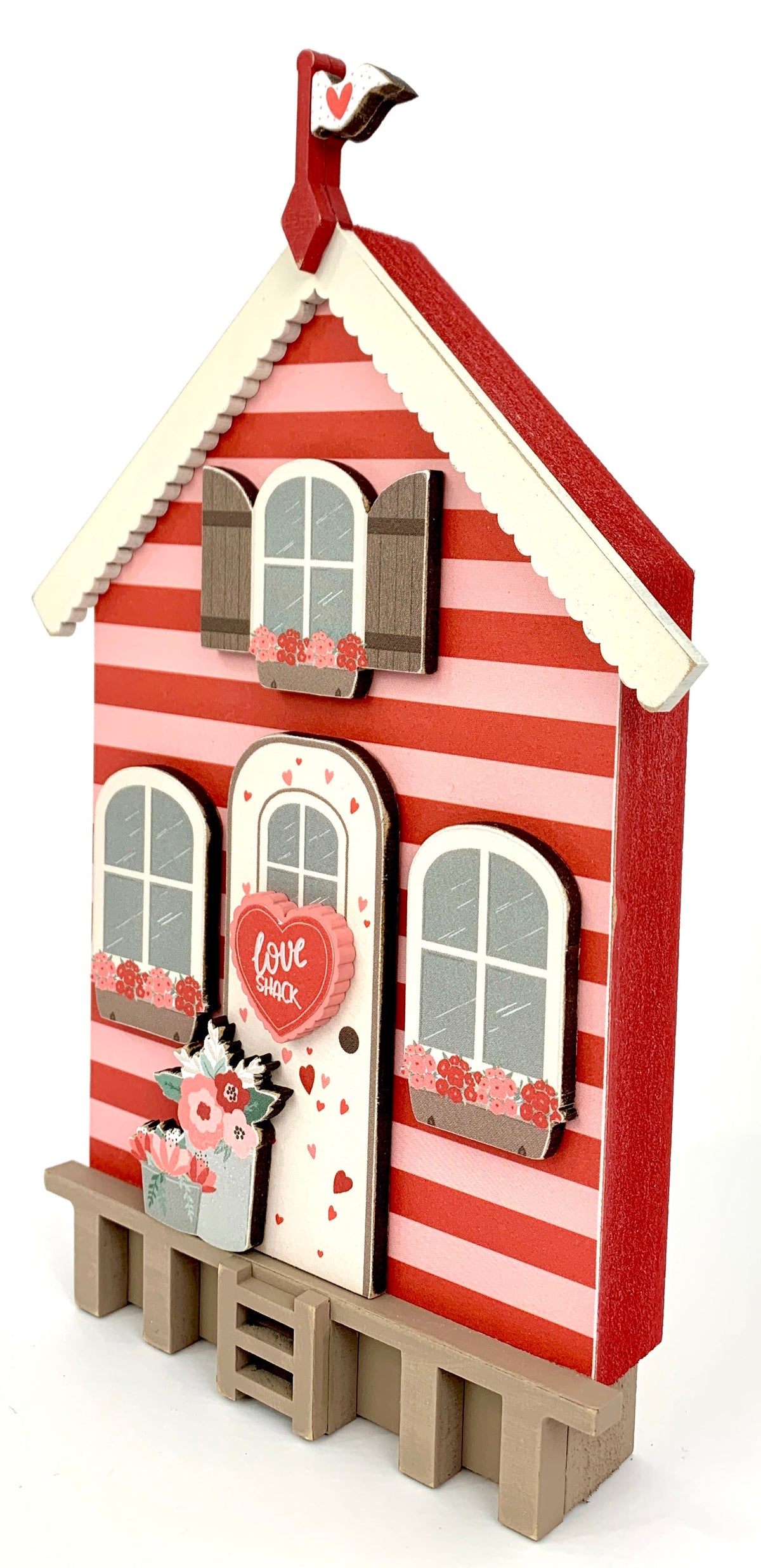 Valentine love hut wood decoration DIY craft kit.  Red and white striped valentine love house.