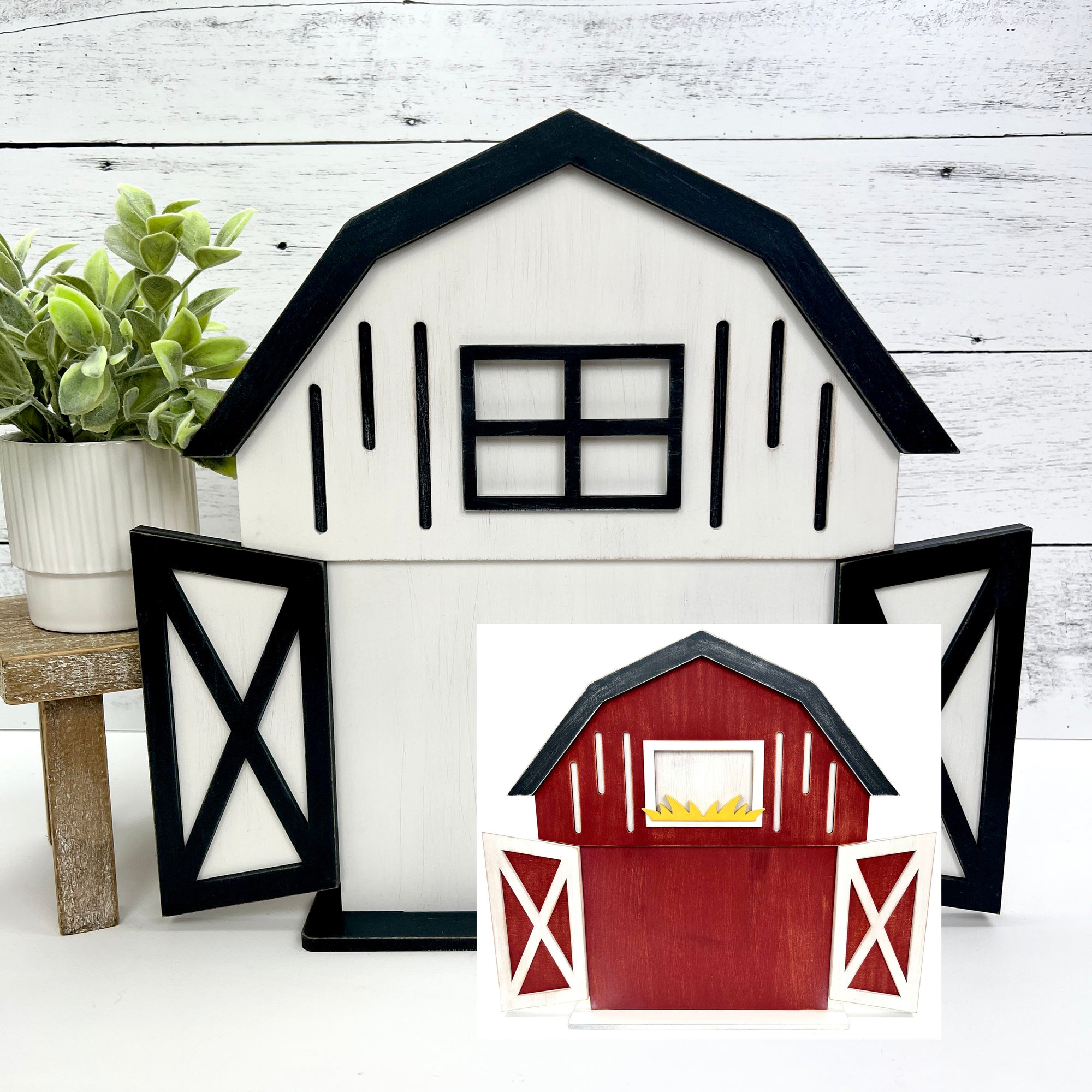 Magnolia style and farmhouse wood barn for crafting and cross stitch finishing