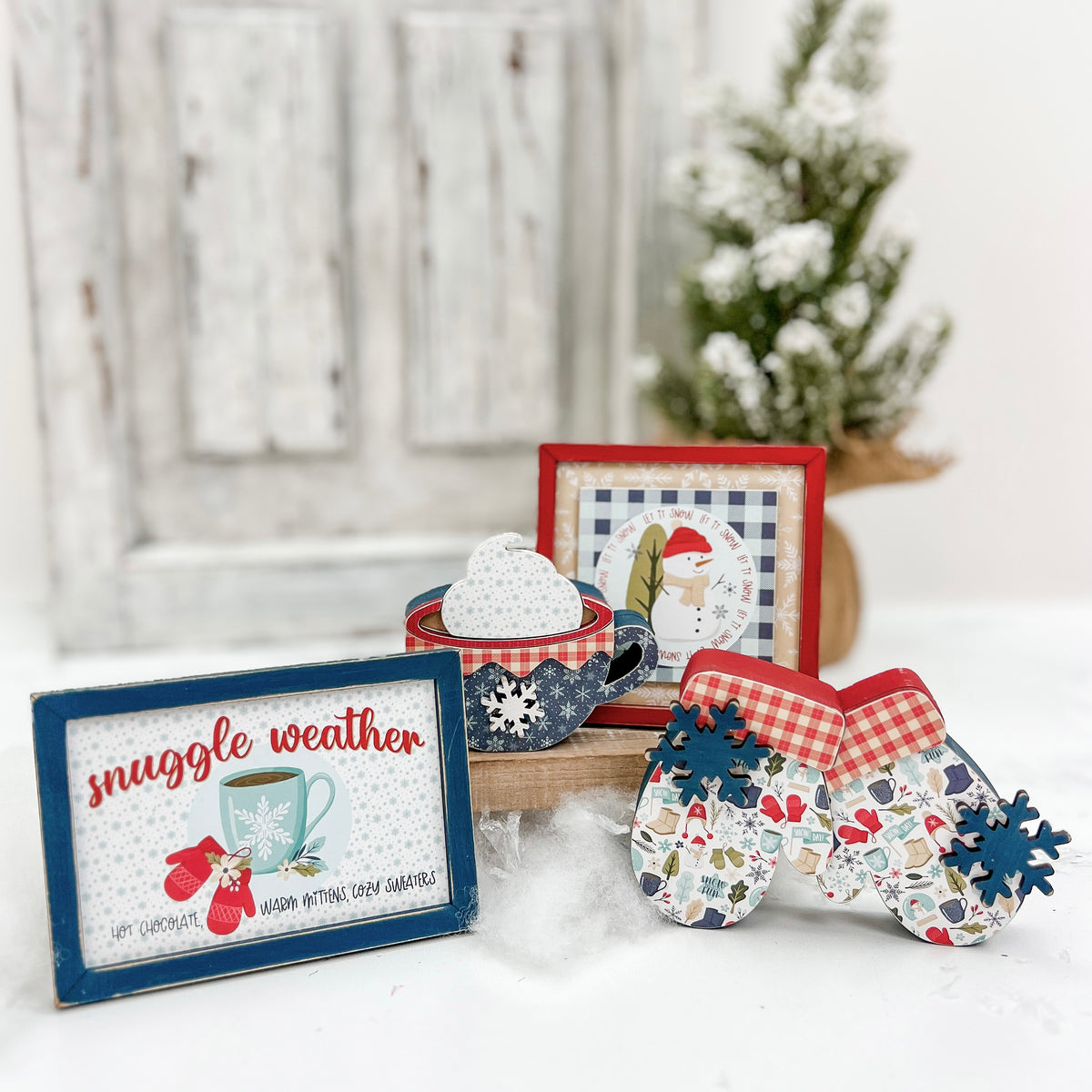 Winter shapes and signs DIY wood decor kit with decoupage paper