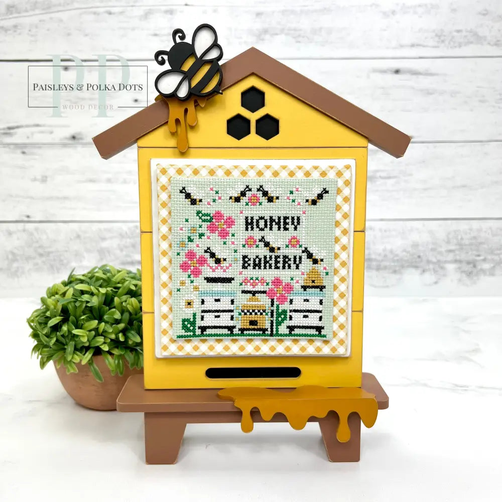 Unfinished wood bee hive hut cross stitch display