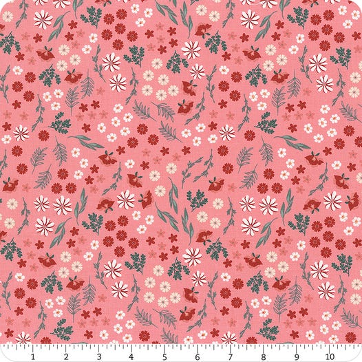 Floral pattern fabric with red and white flowers on a pink background  with green leaves