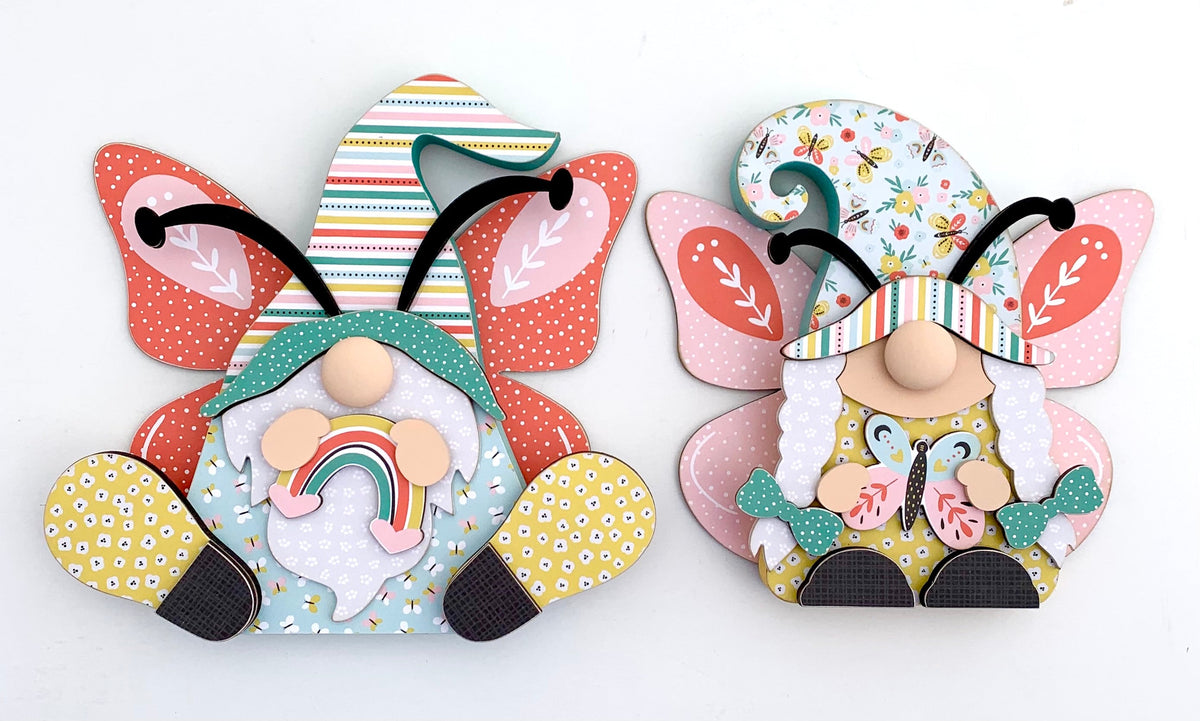 Butterfly gnomes, wood butterfly gnomes, Butterfly tiered tray decor, handmade tiered tray decor, rainbow tiered tray decor, DIY wood craft kits, seasonal wood crafts