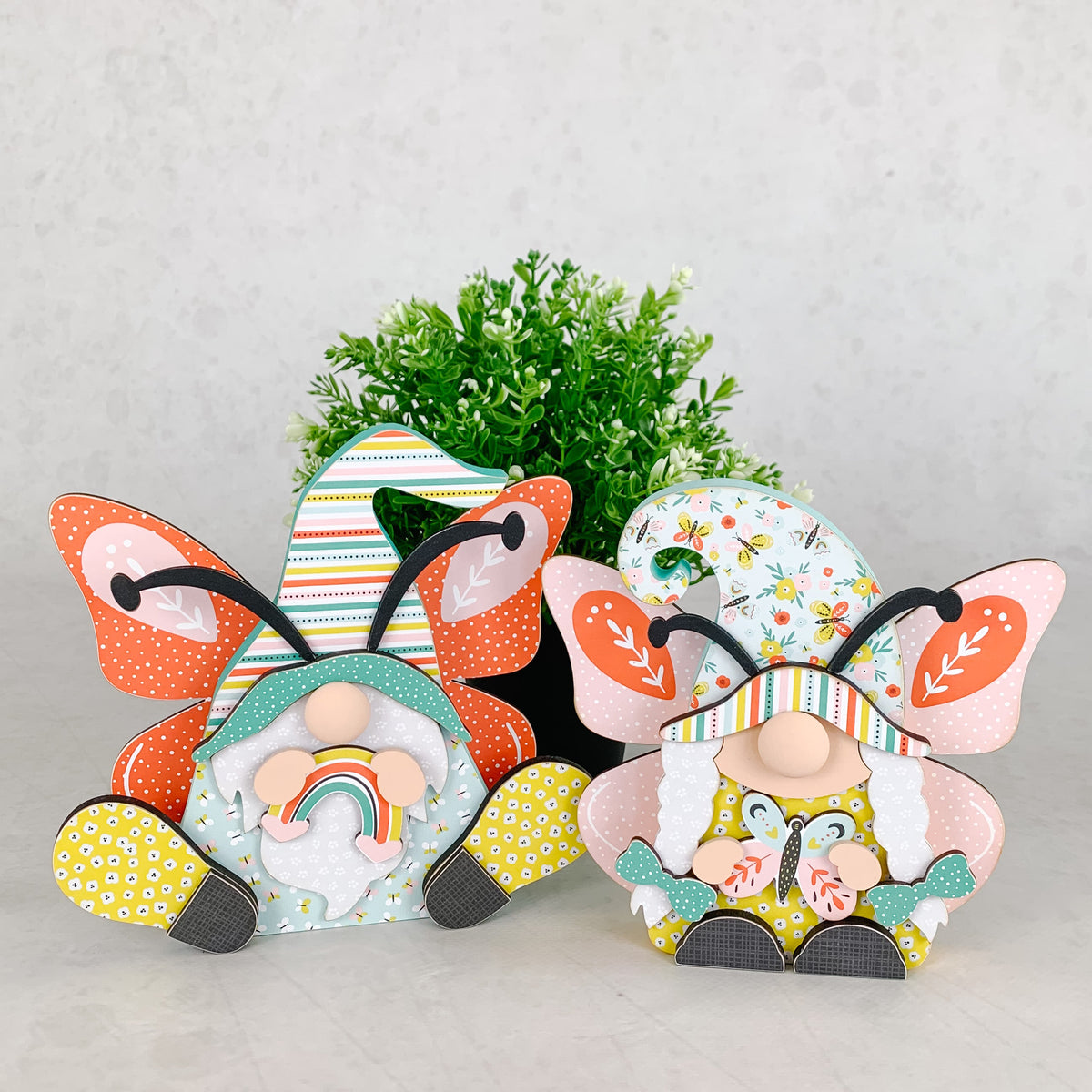 Butterfly gnomes, wood butterfly gnomes, Butterfly tiered tray decor, handmade tiered tray decor, rainbow tiered tray decor, DIY wood craft kits, seasonal wood crafts