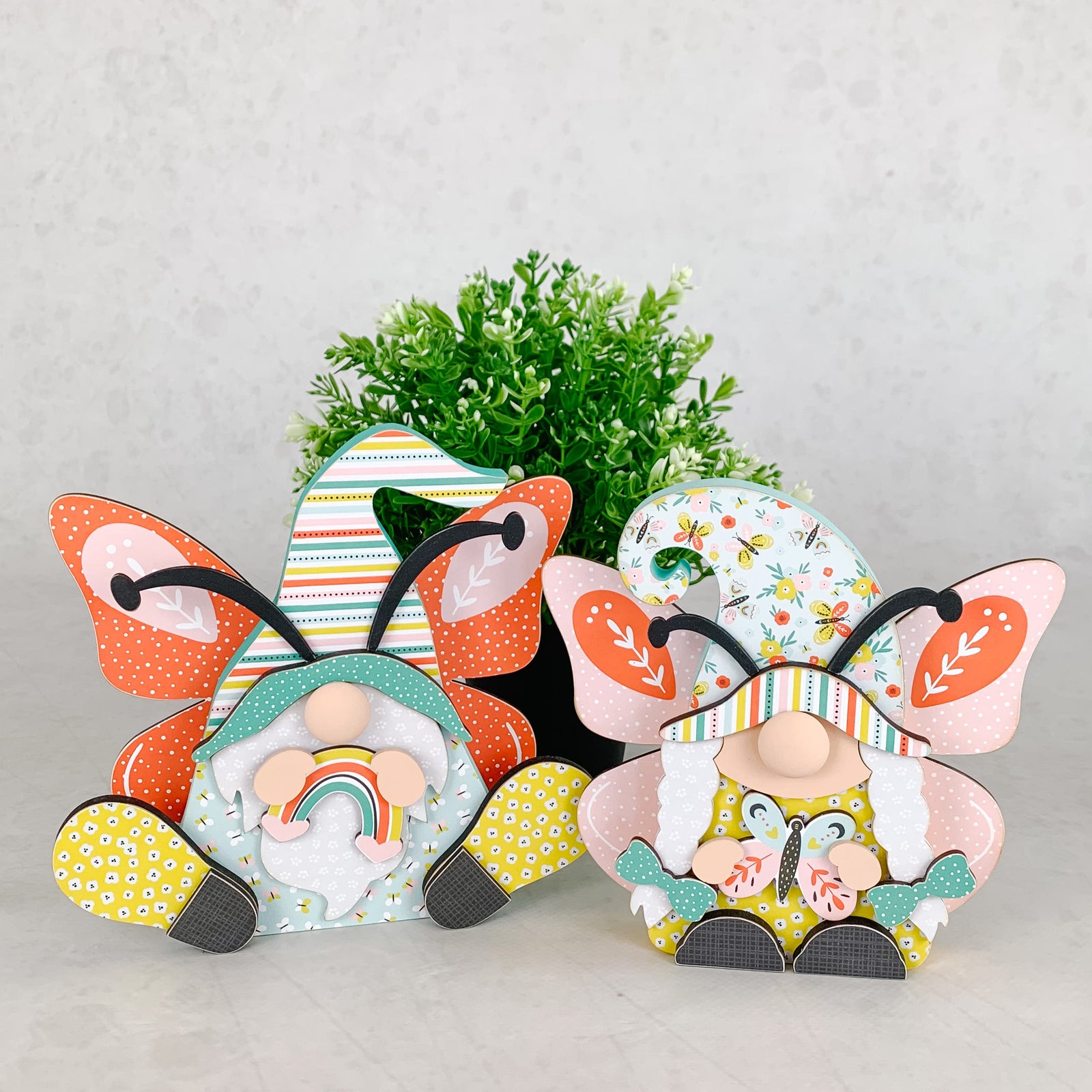 Butterfly gnomes, wood butterfly gnomes, Butterfly tiered tray decor, handmade tiered tray decor, rainbow tiered tray decor, DIY wood craft kits, seasonal wood crafts