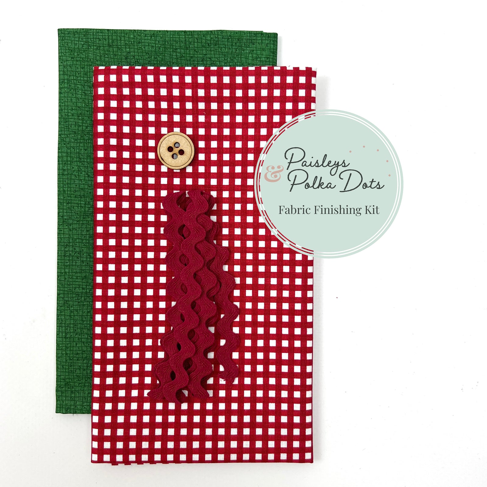 pine green thatched fabric and barn red gingham checkered fabric barn red ric-rac trim wooden button accent