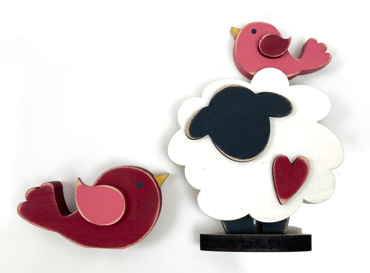 Tiny chunky sheep and birds DIY wood decor kit with layered farmhouse details