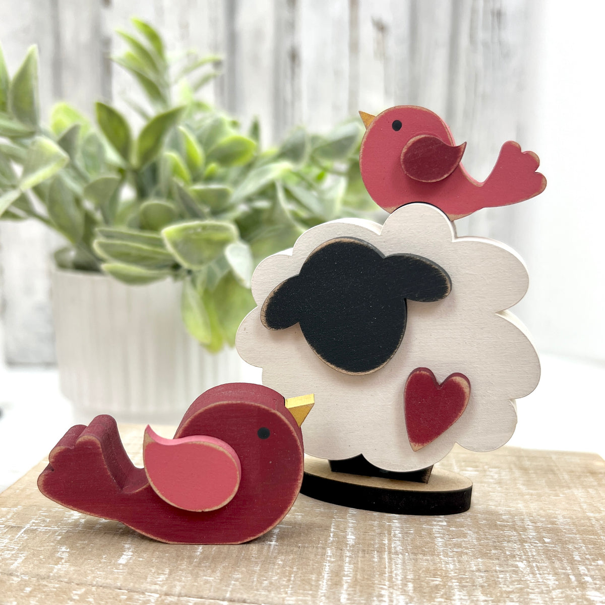 Tiny chunky sheep and birds DIY wood decor kit with layered farmhouse details