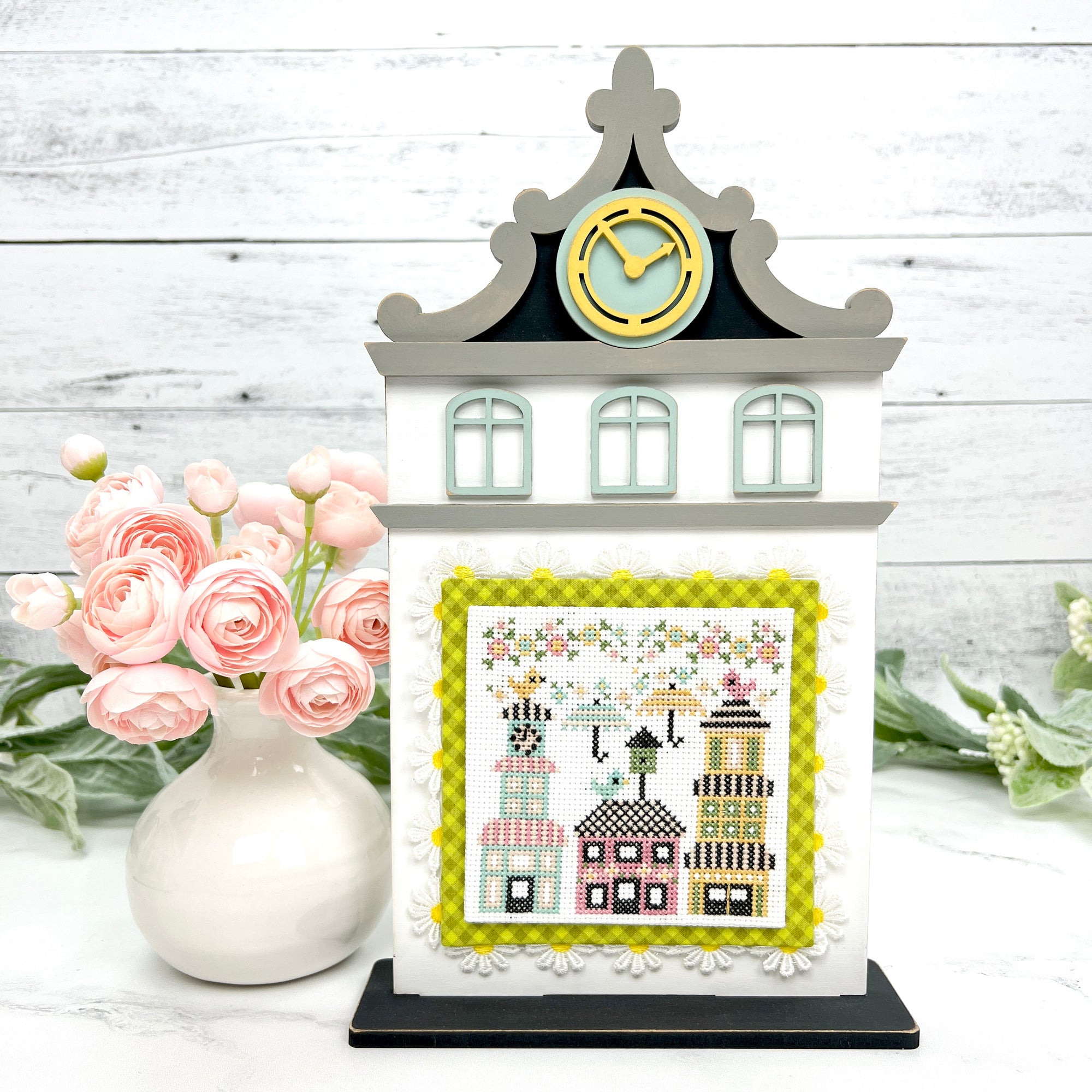 Unfinished Wood City Clock Tower Cross Stitch Display