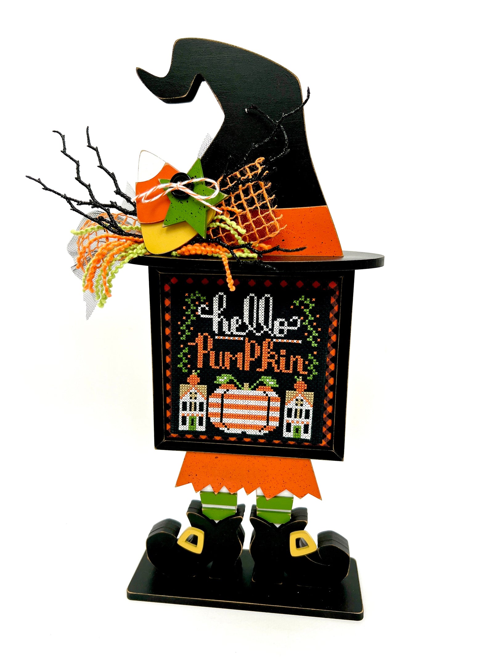 Wood witch cross stitch backer display for needle art and embroidery