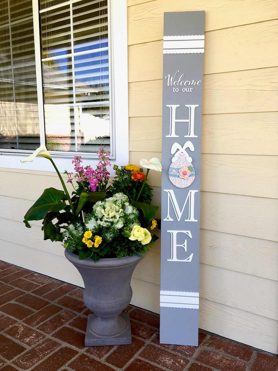 Welcome to our home porch sign with easter bunny holding an egg. Changing porch welcome sign. Tall porch welcome board. Easter tall welcome porch sign