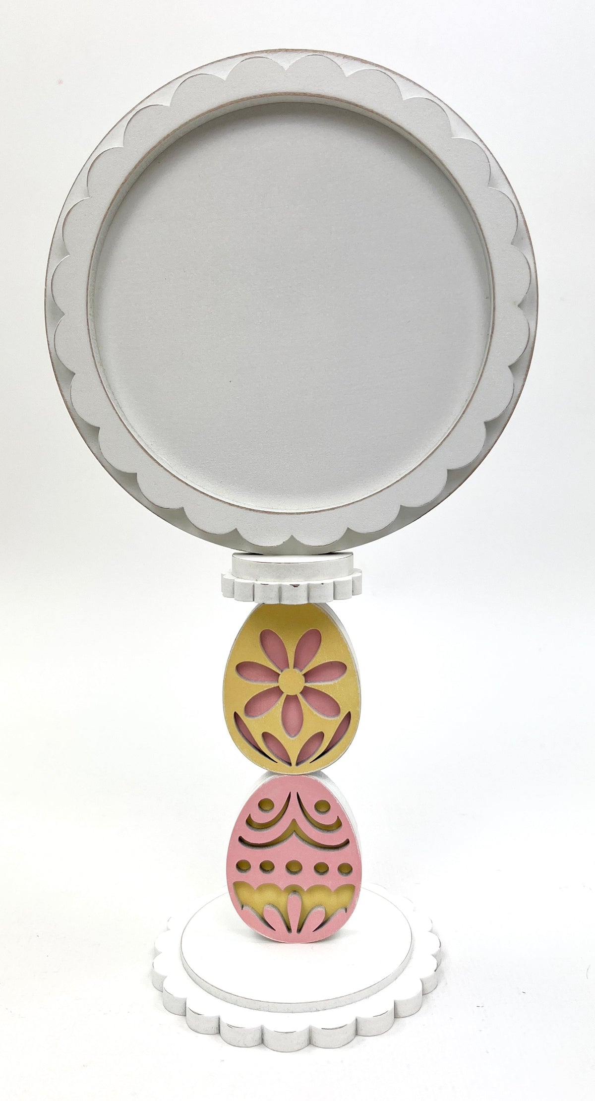 Wood cross stitch display backer with egg shaped pedestal base