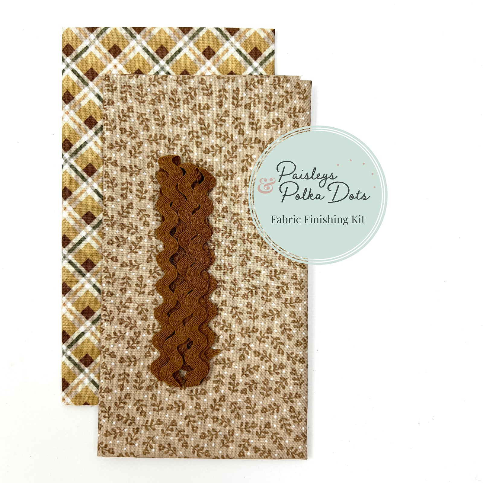 Grateful Harvest fabric finishing kit with light brown floral vine fabric and fall harvest plaid fabric