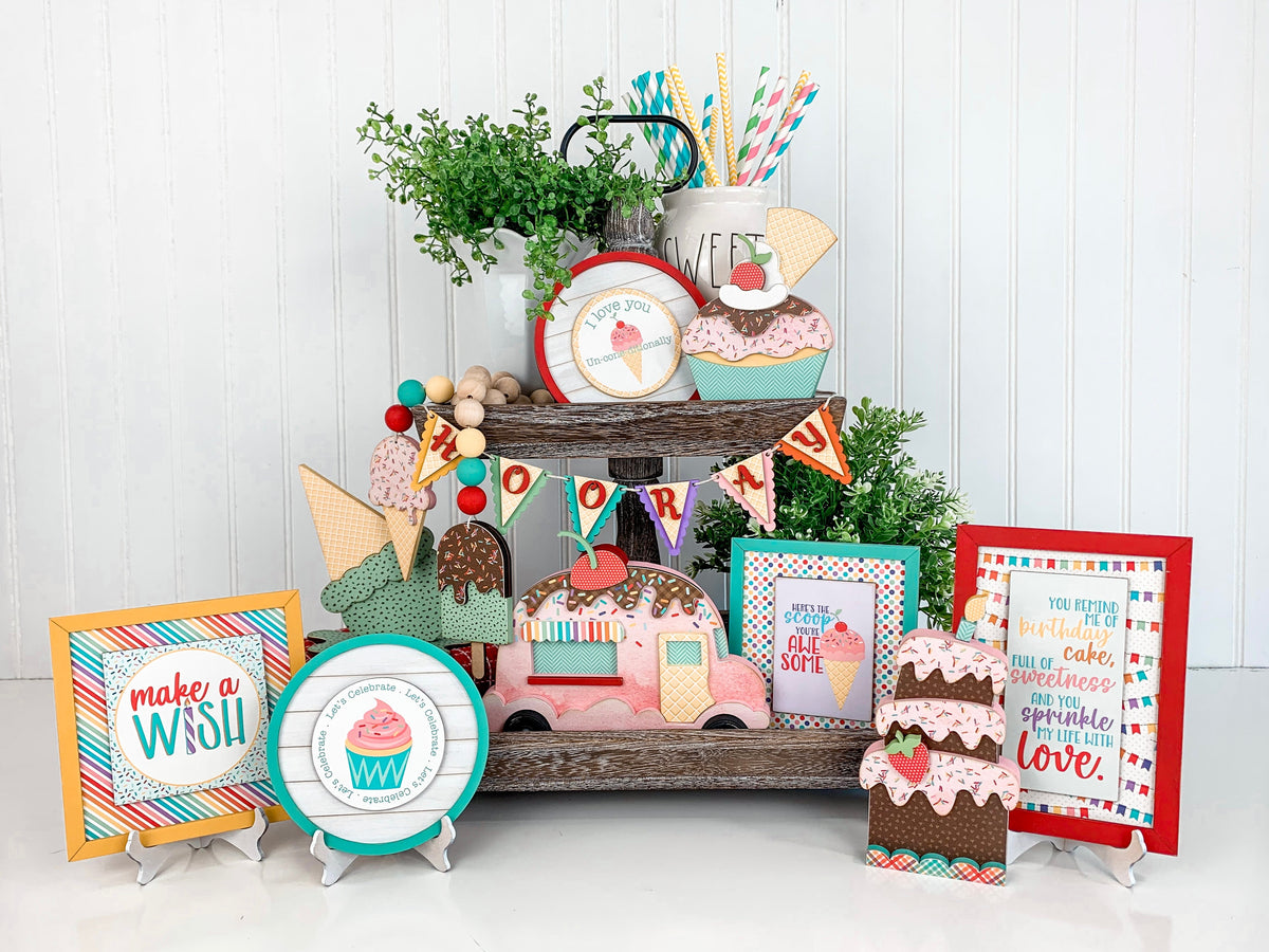 Ice Cream garland and ice cream signs for birthday and celebrate tiered tray decor.  Ice cream tiered tray decorations. Beaded hanging garland with ice cream cones. Handmade wood decor crafts. Handmade tiered tray decor. Seasonal decorations. 