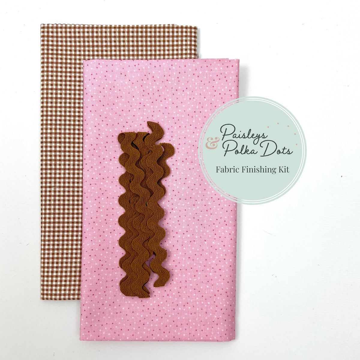 Cross stitch finishing fabric Cinnamon brown checkered gingham fabric pink confetti fabric brown ric-rac trim