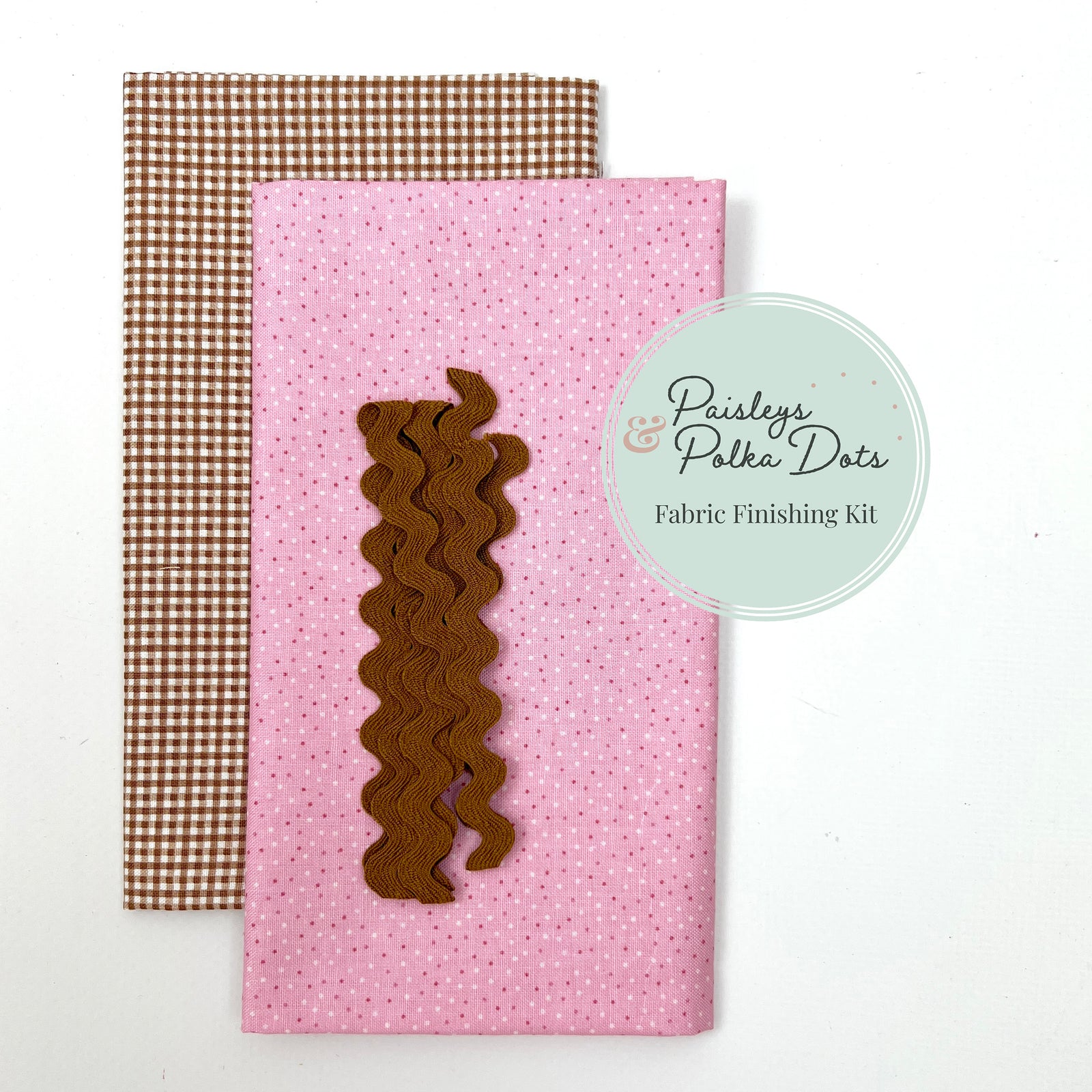 Cross stitch finishing fabric Cinnamon brown checkered gingham fabric pink confetti fabric brown ric-rac trim