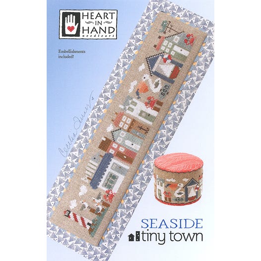 Cross-stitch pattern for 'Seaside Tiny Town' by Heart in Hand with a seascape boardwalk with a lighthouse, pelicans, sea gulls and feisty crabs