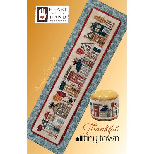 Cross Stitch patter of a Thankful tiny town with turkeys and fall scenery 