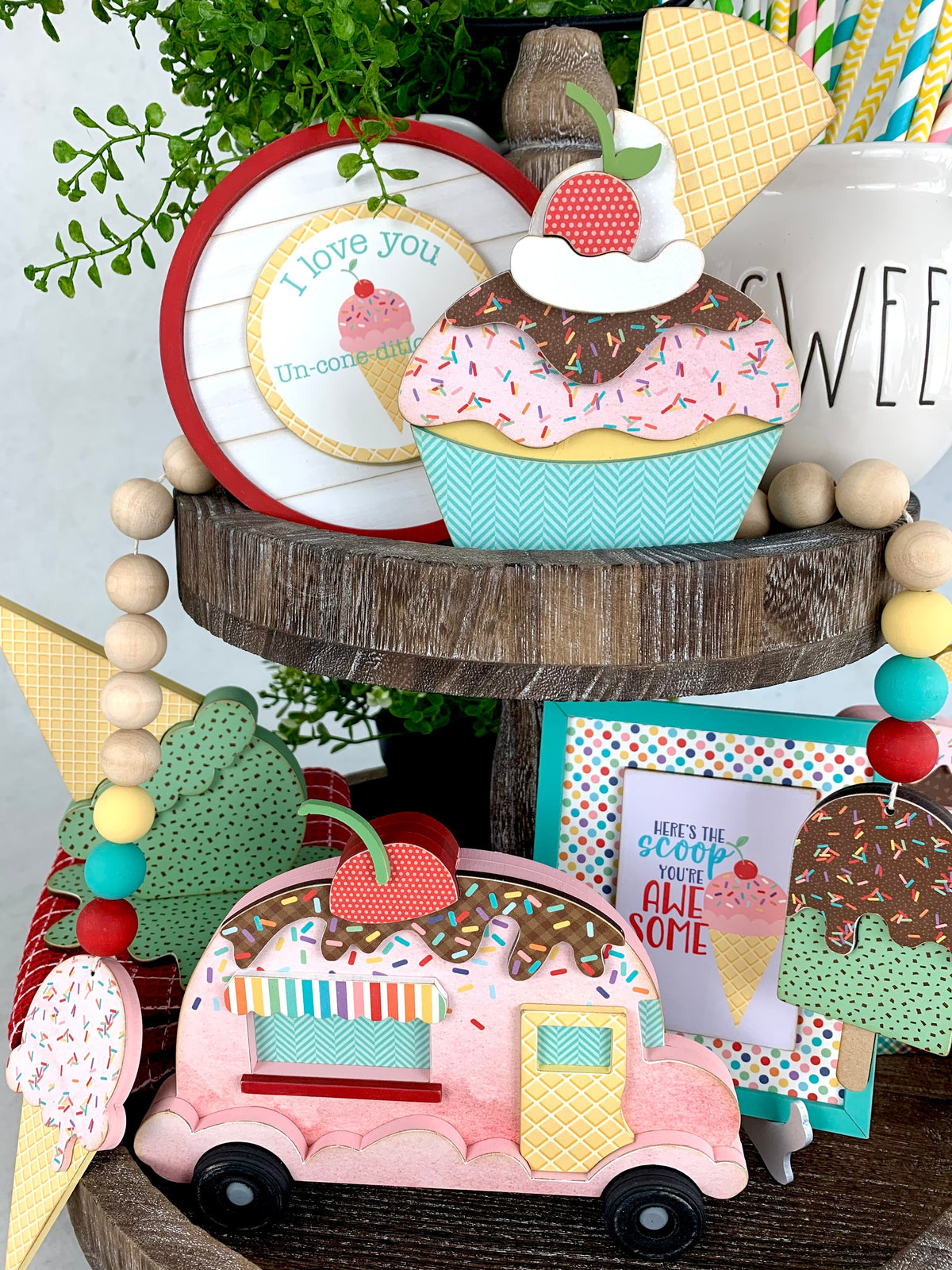 Ice Cream garland and ice cream signs for birthday and celebrate tiered tray decor.  Ice cream tiered tray decorations. Beaded hanging garland with ice cream cones. Handmade wood decor crafts. Handmade tiered tray decor. Seasonal decorations. 