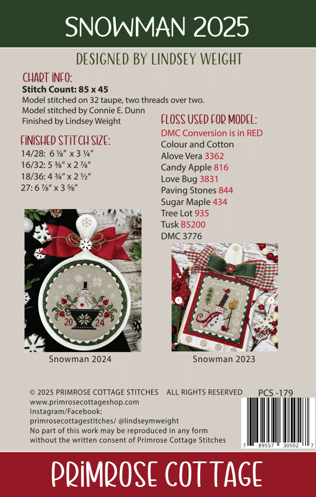 Snowman-themed cross-stitch pattern with design details and Primrose Cottage Stitches branding.