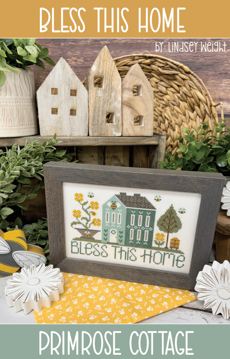 Decorative scene with a house, bees and yellow flowers, and text 'Bless This Home' by Lindsey Weight.