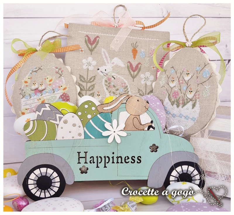 Decorative Easter scene featuring 3 Easter scenes of eggs, chicks, and bunnies 