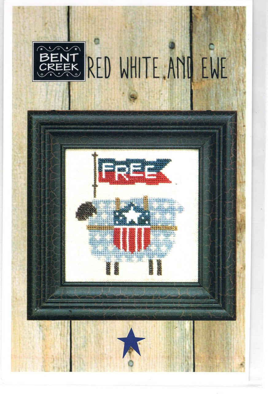 Cross-stitch pattern with a patriotic sheep and Americana Free flag