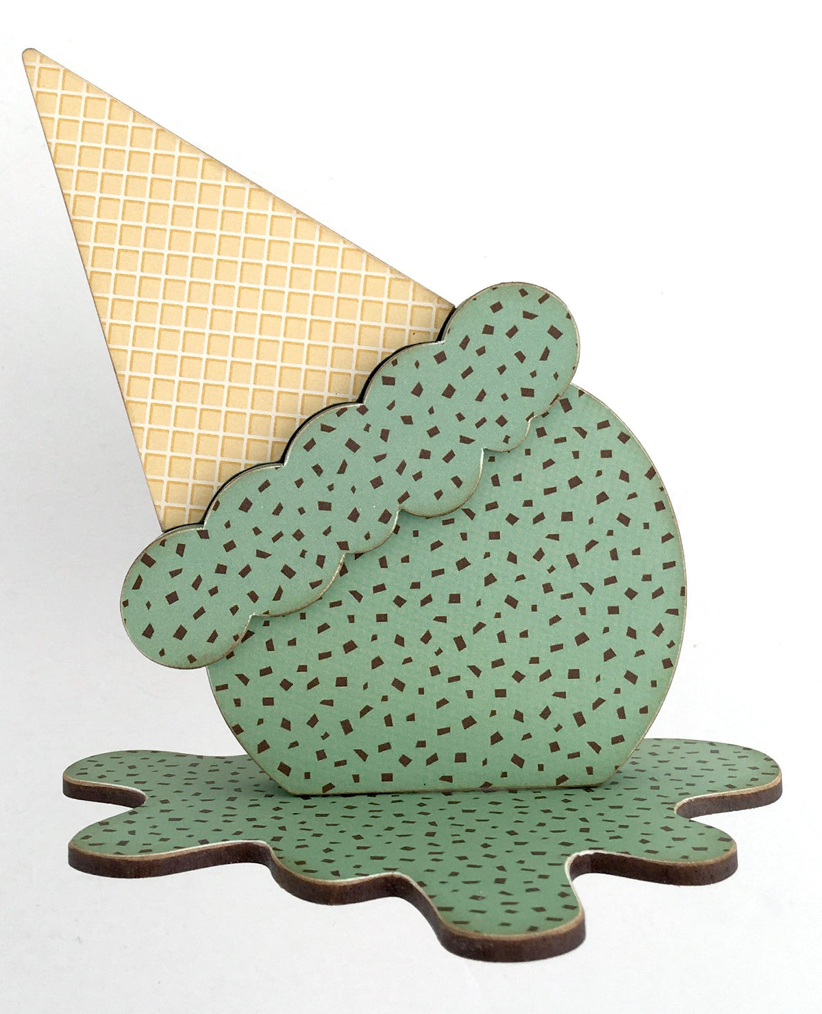 Melted ice cream cone and cupcake for styling birthday and ice cream themed tiered trays. Ice cream cone and cupcake wood decor. Handmade wood decor crafts. Cupcake with a cherry on top. Mint chip flavored ice cream cone. Birthday decorations. Ice cream themed decorations. 