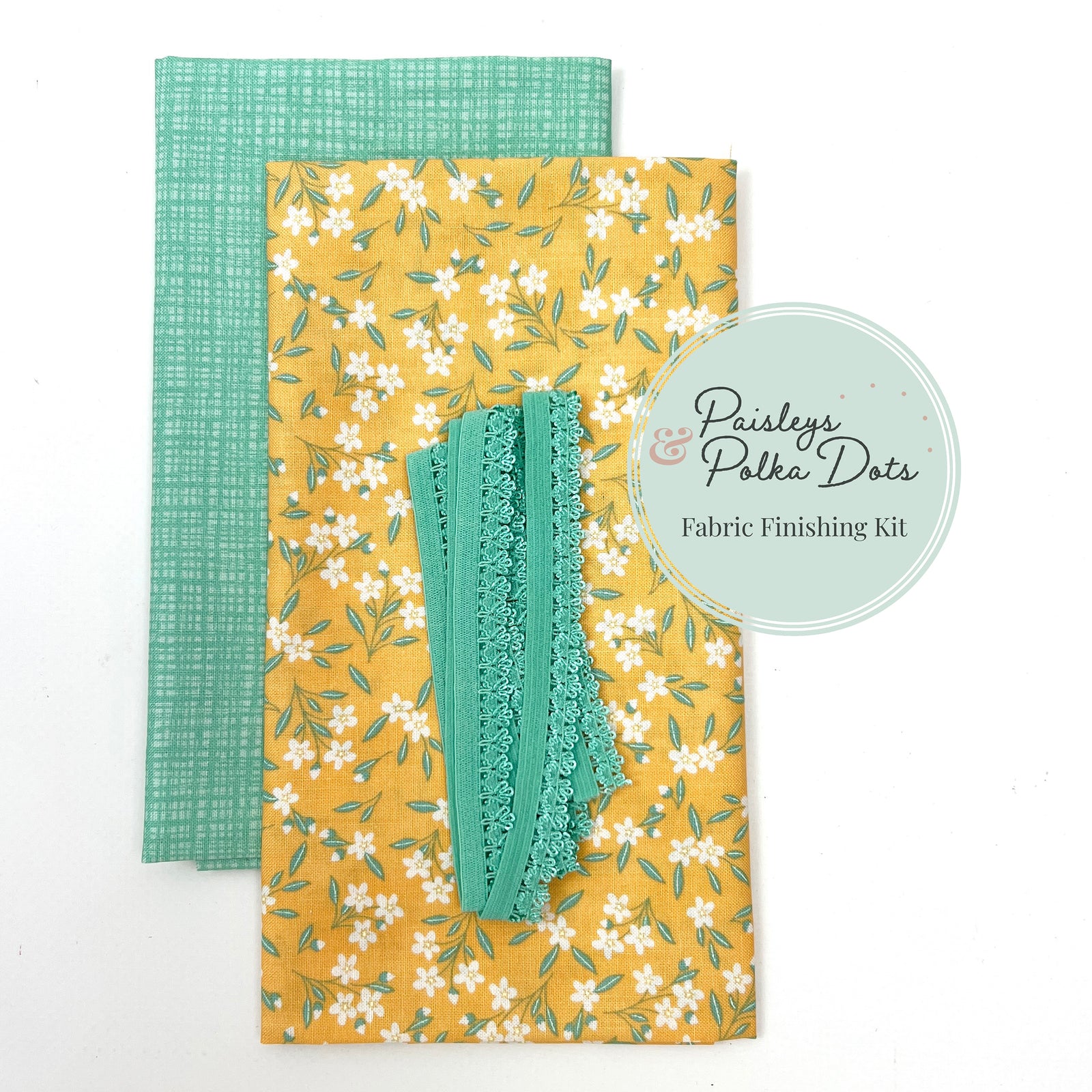 fabric finishing kit mint julep texture and bright goldenrod yellow floral with mint elastic floral trim