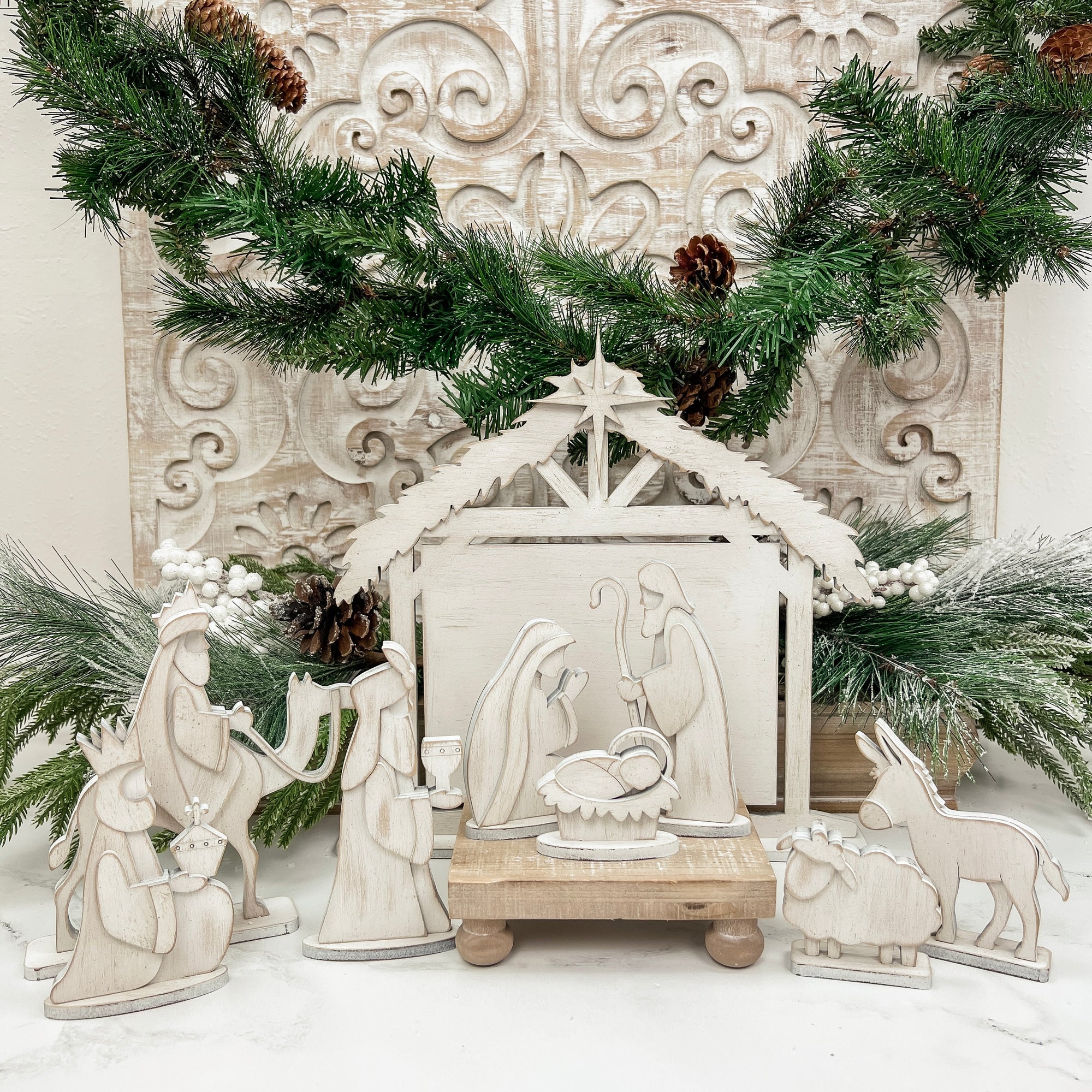 Distressed Nativity Set with Cross Stitch Manger Display-Unfinished Wood