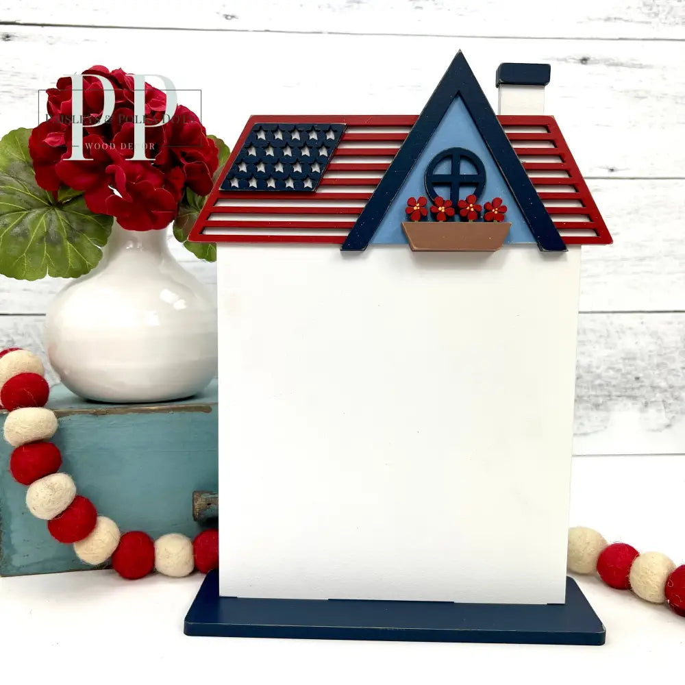 Patriotic theme city house for displaying a finished cross stitch