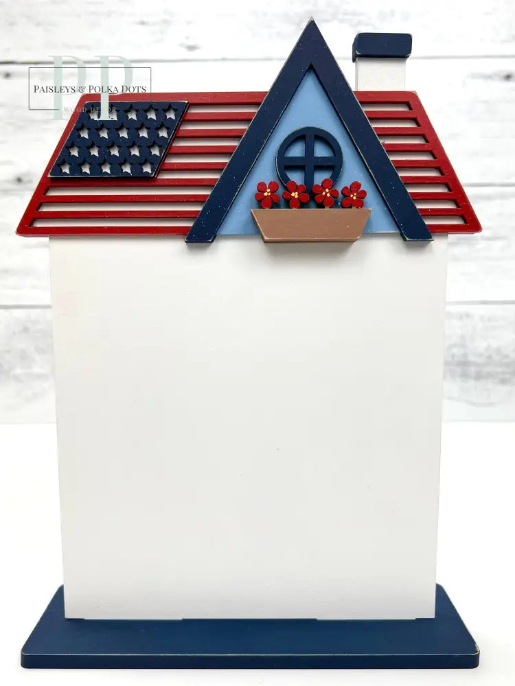 Patriotic house with a flag roof wood home decor craft kit.