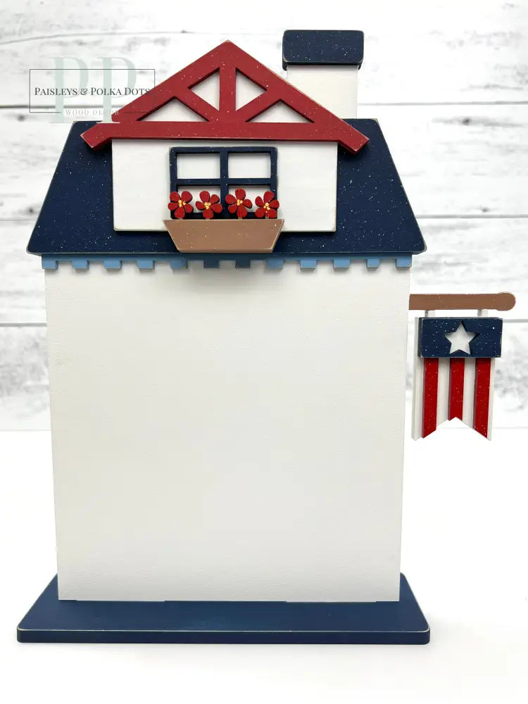 Patriotic and 4th of july themed wood decor house for cross stitch display