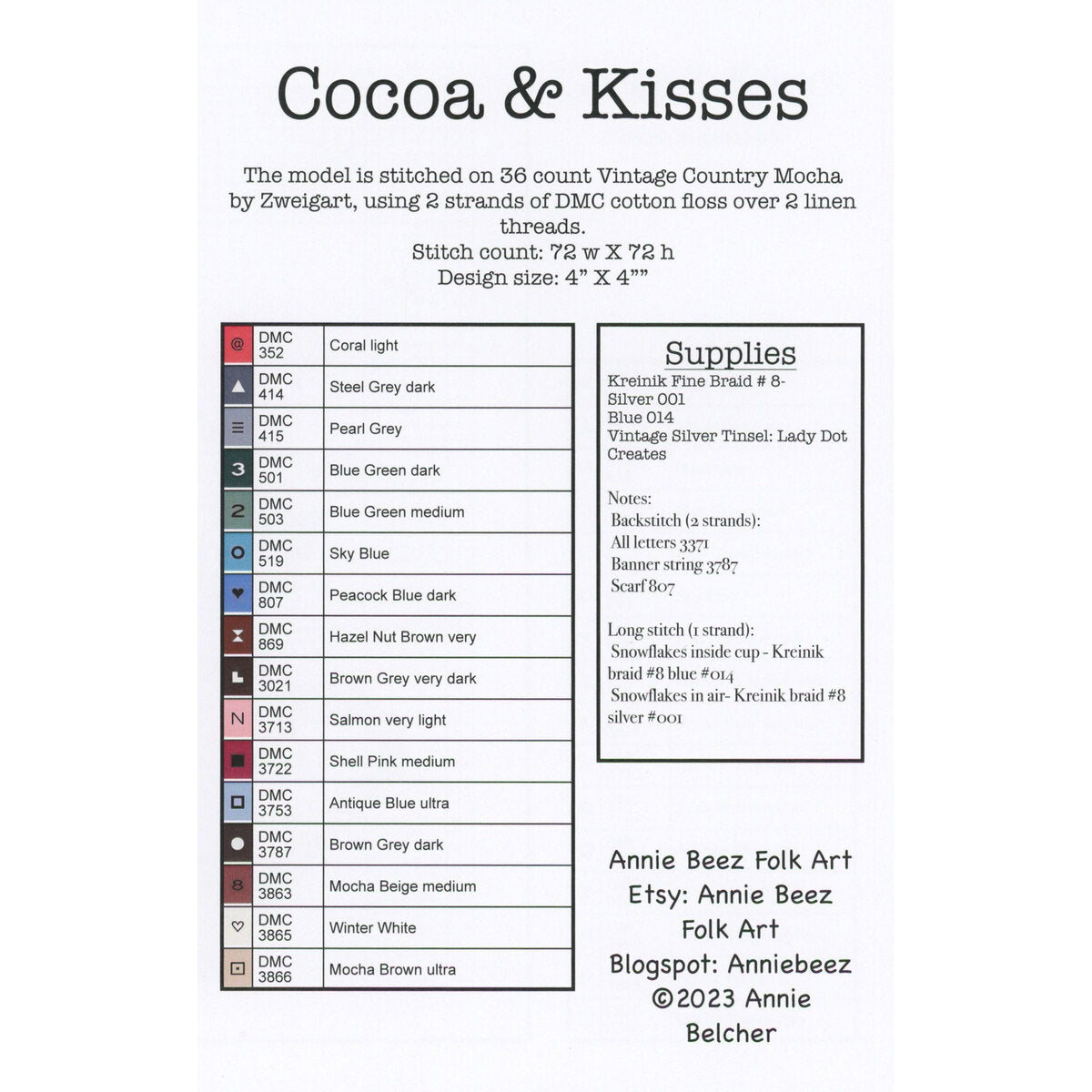 Embroidery design sheet for &#39;Cocoa &amp; Kisses&#39; with color chart and supplies list.