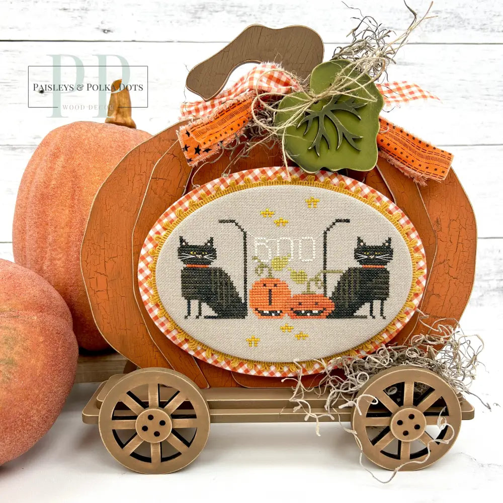 Primitive pumpkin cross stitch display with Boo Cats cross stitch pattern by Brenda Gervais