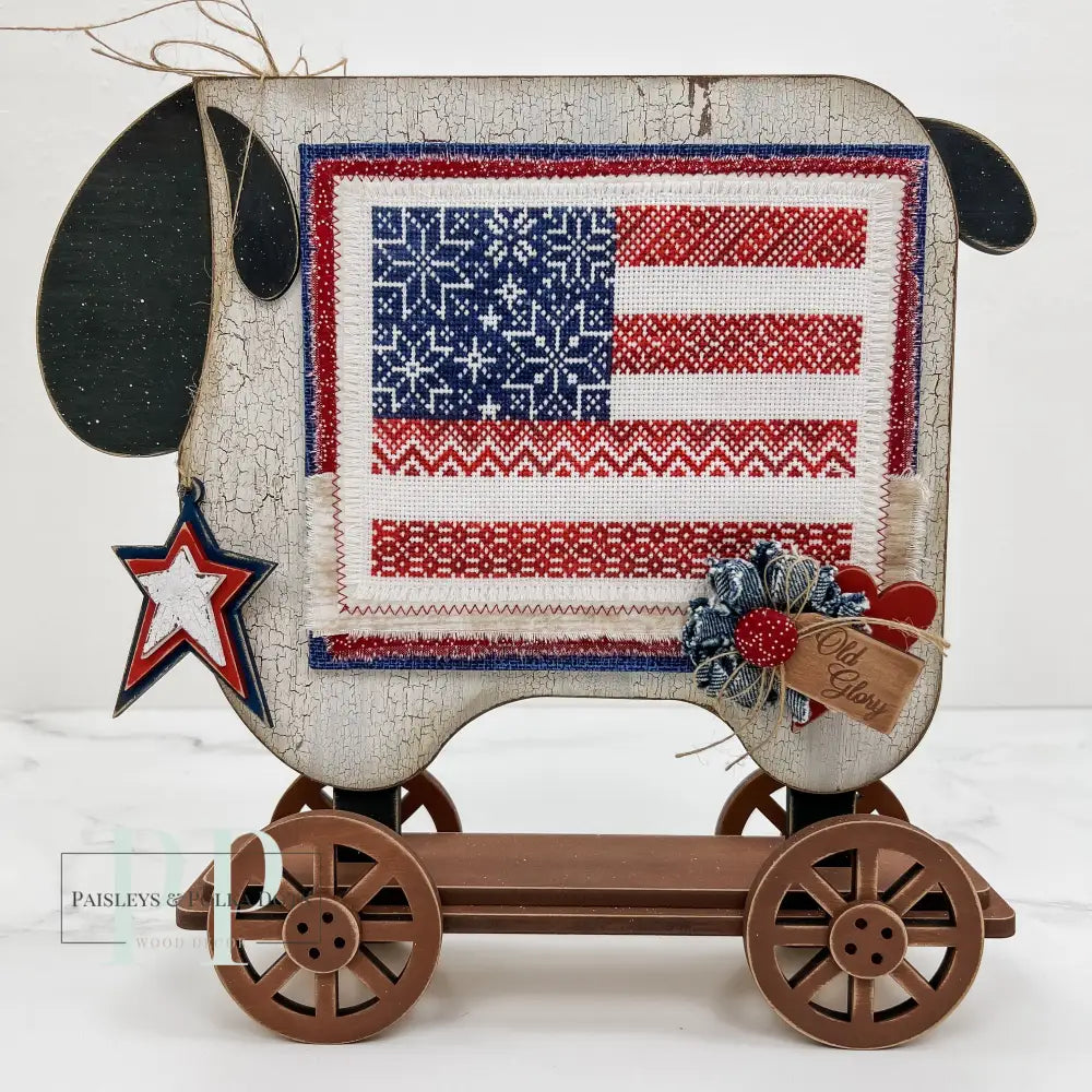 Primitive sheep cross stitch display with patriotic flag by Erin Elizabeth designs