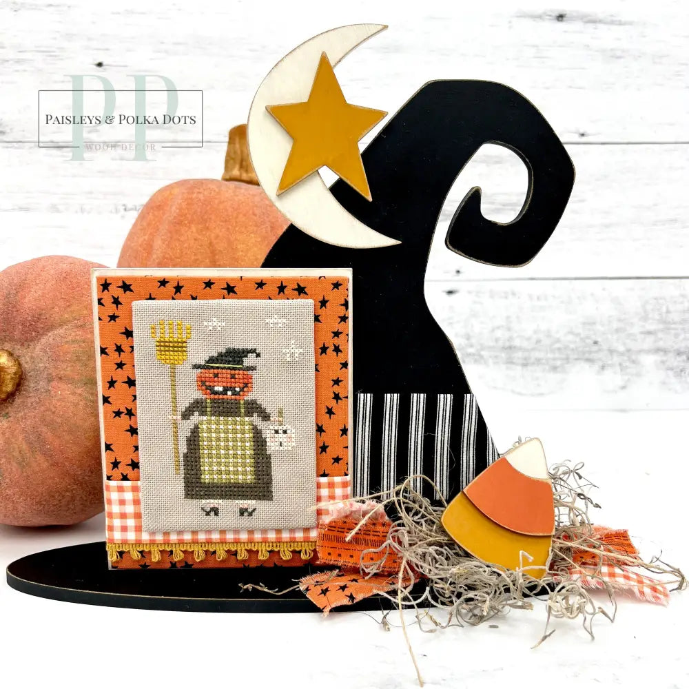 Primitive Witch Hat Cross Stitch Display-Unfinished Wood seasonal wood decor