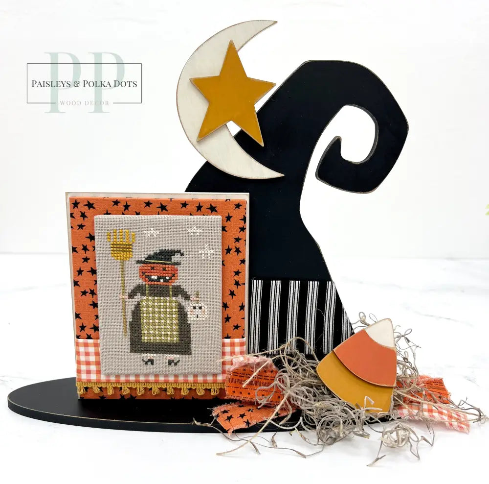 Primitive Witch Hat Cross Stitch Display-Unfinished Wood seasonal wood decor