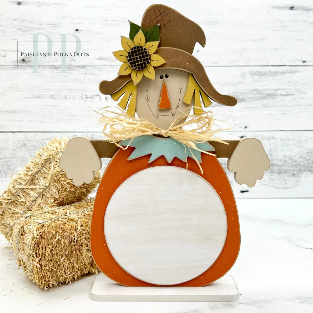 Scarecrow with pumpkin body wood cross stitch display. DIY wood craft kit