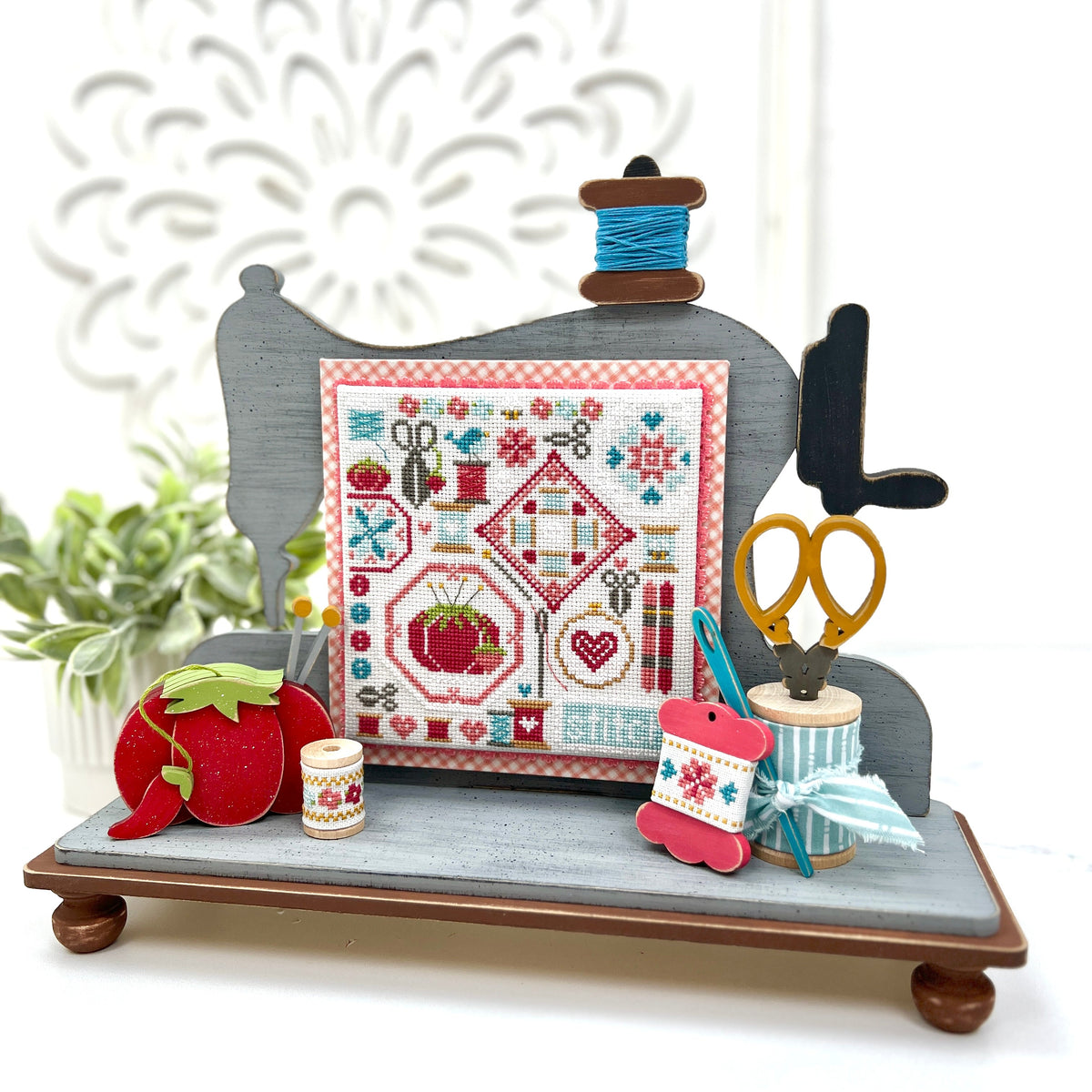 Sewing Machine with Peg Feet Cross Stitch Display-Unfinished Wood Cross stitch display