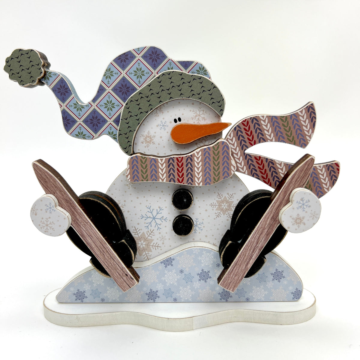 Sitting Snowman with Skis Wood Decor seasonal wood decor