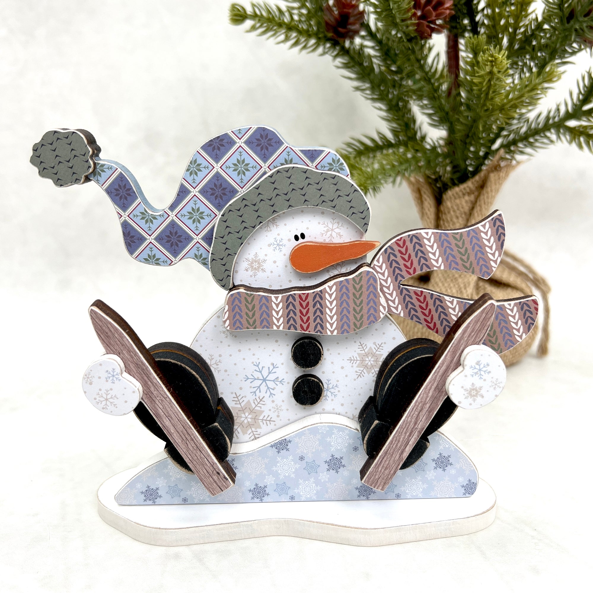 Sitting Snowman with Skis Wood Decor