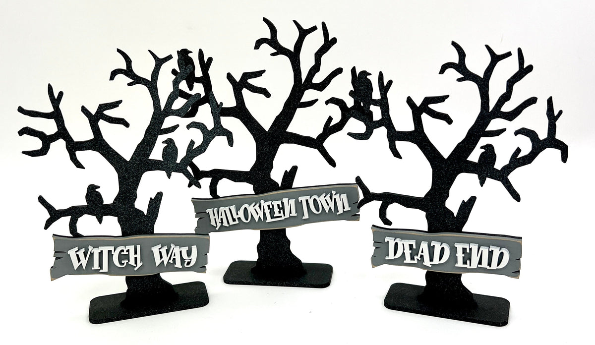 Black spooky trees wood decoration for styling tiered trays, mantels, shelves. 